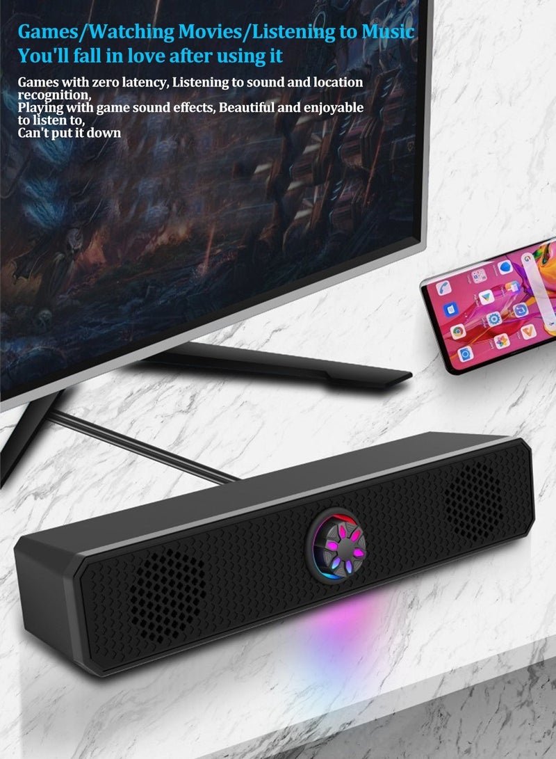 FDTY  مكبر صوت بلوتوث USB مزدوج الاتصال أسود مع مقبض تحكم في مستوى الصوت بإضاءة خلفية RGB HiFi ستيريو يعمل بالطاقة عبر USB للكمبيوتر الشخصي والتلفزيون والكمبيوتر المحمول وجهاز Mac اللوحي - Image 4